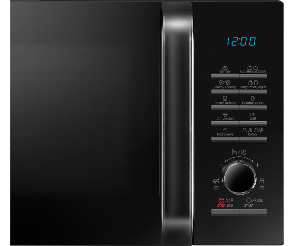 Het bedieningspaneel van de Samsung MC28H5125AK is voorzien van drukknoppen en een draaiknop