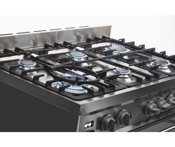 De branders van de Smeg DS9GMX zijn allemaal voorzien van automatische vonkonsteking en thermokoppel vlambeveiliging