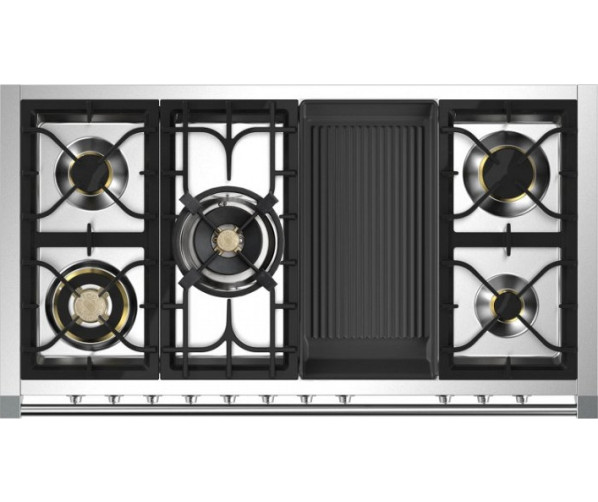 Het kookvlak van de Steel A12FF-4BM is uitgevoerd met 5 gasbranders waaronder een mega wok van 6 kW en een grill top bakplaat