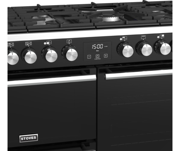 De vier ovendeuren van de Stoves Precision DX S1000DF EU BK zwart fornuis zijn van geblindeerd glas