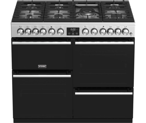 De ovenruiten van het Stoves Precision DX S1000DF EU SS rvs fornuis zijn geblindeerd