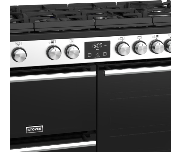 De ovenklok en de knoppen van het Stoves Precision DX S1000DF GTG EU SS rvs fornuis