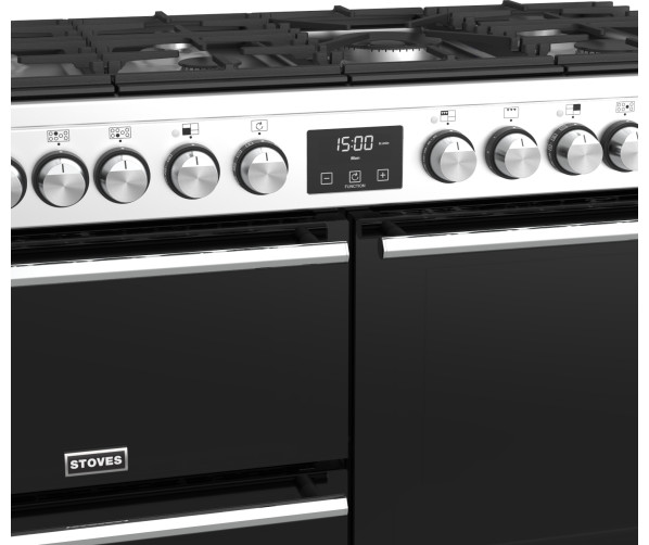 Het Stoves Precision DX S1100DF EU SS fornuis is een zwart fornuis met rvs bedieningspaneel