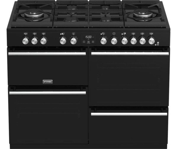 Het Stoves Precision DX S1100DF GTG EU BK zwart fornuis heeft twee wokbranders van 5,0 kW