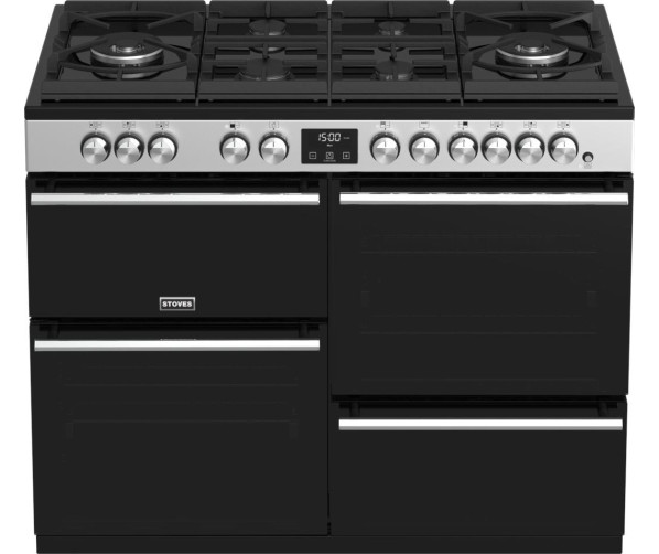 Links en rechts een 5,0 kW wokbarnder op het Stoves Precision DX S1100DF GTG EU SS rvs fornuis