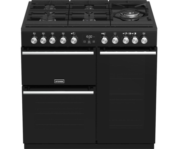 Het Stoves Precision DX S900DF GTG EU BK zwart fornuis heeft enkele chromen details