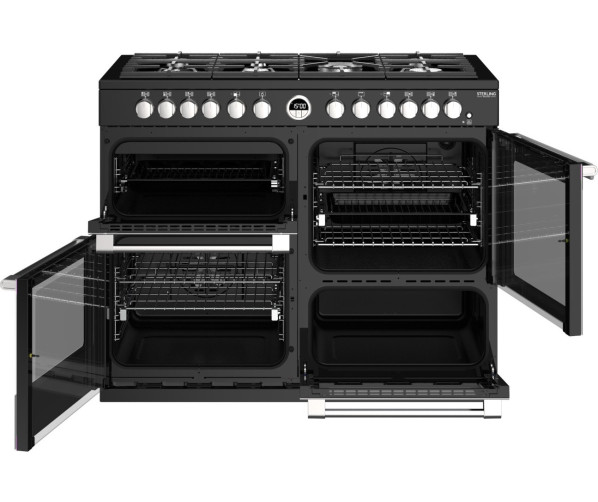 Het Stoves Sterling S1100 DF Deluxe zwart fornuis is voorzien van vier ovens