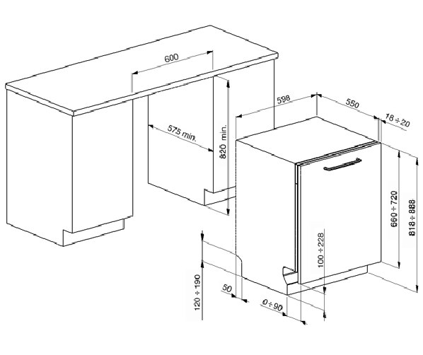 Afmetingen Smeg STP364T opruiming semi-professionele inbouw vaatwasser