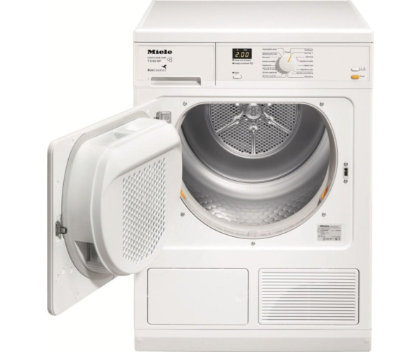 De Miele T8164WP afgebeeld met geopende deur. De deur is linksdraaiend