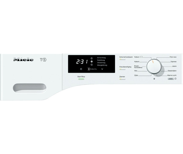 De Miele TKB 640 WP warmtepomp droger heeft een overzichtelijk bedieningspaneel met Nederlandstalig tekstpaneel en eenknopsbediening