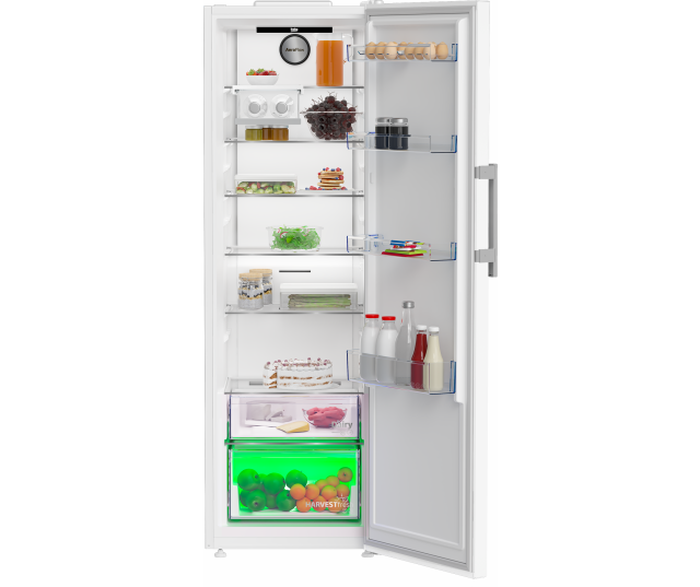 Interieur van Beko B3RMLNE444HW1 koelkast met LED-verlichting en stevig veiligheidsglas