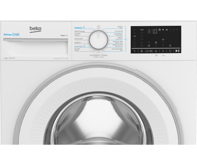 Gebruiksvriendelijke knoppen en draaiknop op de Beko B3WM49410W2