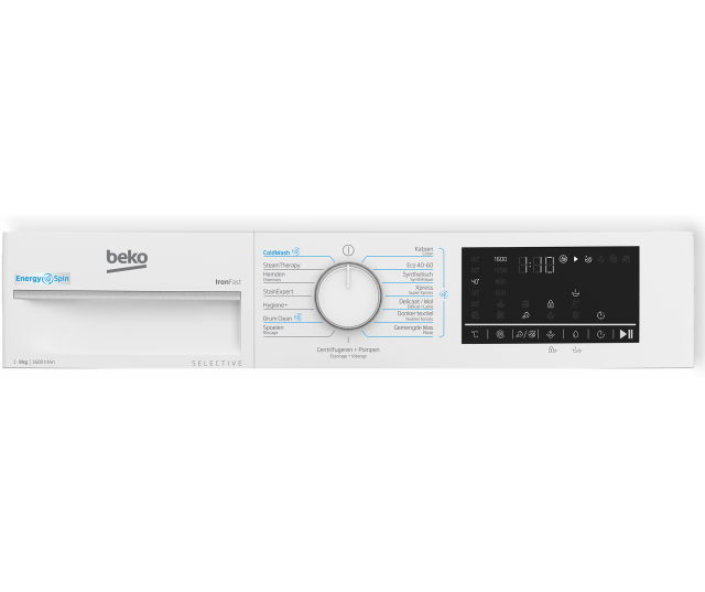 Bedieningspaneel met draaiknop en digitaal display van de Beko B3WM49610W2