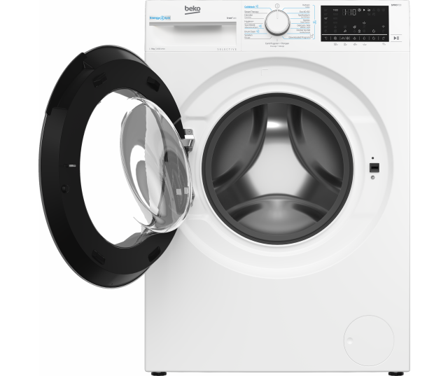 Binnenkant trommel van de Beko B5WM694108W2 met verlichte trommel en RVS wand