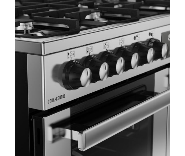 RVS design van Belling COOKCENTRE 100 DF STA vrijstaand gasfornuis met metalen bedieningsknoppen