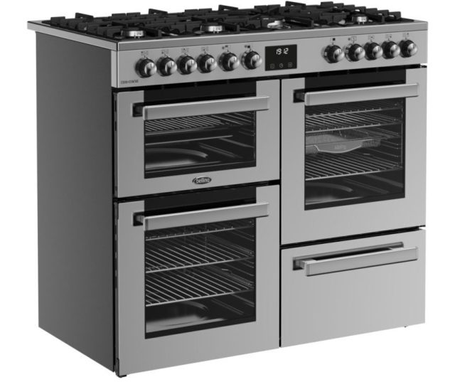 Achterzijde en aansluitmogelijkheden van Belling COOKCENTRE 100 DF STA 7-pits gasfornuis met 7.0 kW vermogen