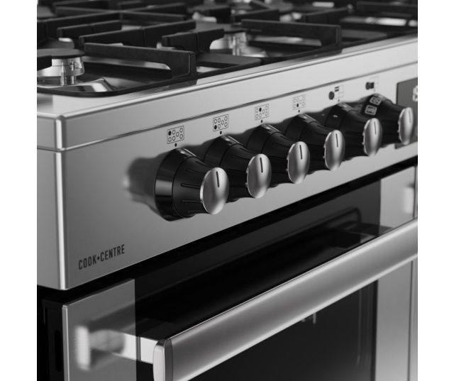 Bedieningspaneel Belling fornuis met metalen draaiknoppen en Maxi-Clock programmeerbare LED-timer