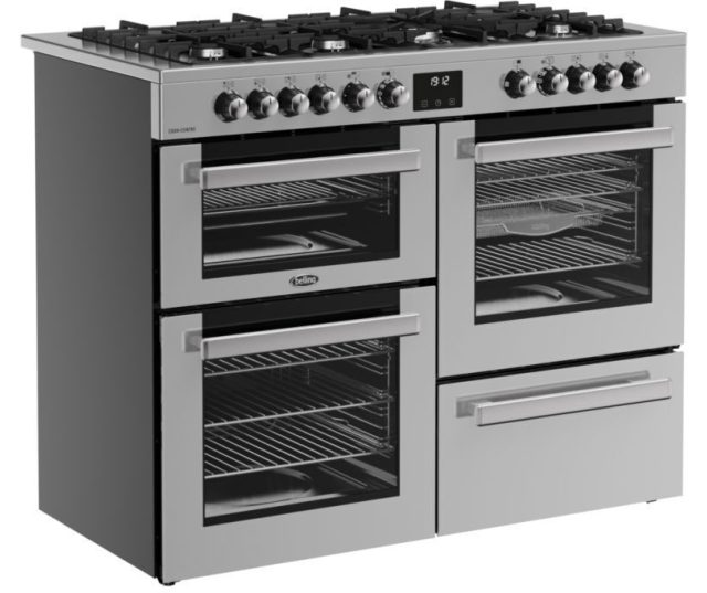 Strak zijaanzicht Belling COOKCENTRE 110 DF STA fornuis met geborsteld roestvrijstalen afwerking