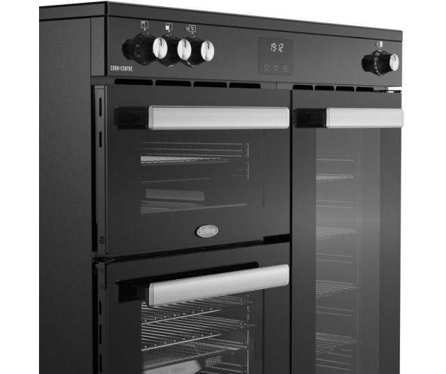 Hoogwaardig zwart Belling COOKCENTRE 90Ei BLK fornuis met metalen draaiknoppen