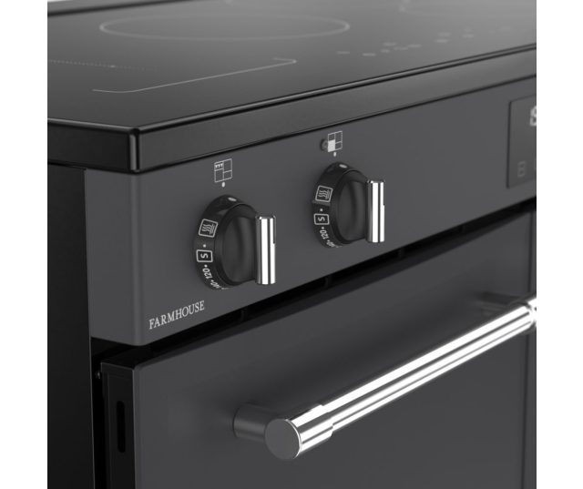 Belling FARMHOUSE 100Ei ANT met chromen accenten en metalen bedieningsknoppen
