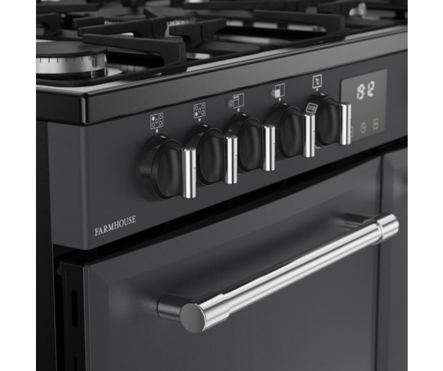 Klassiek design Belling FARMHOUSE 90DF ANT met LED Maxi-Clock en draaiknoppen