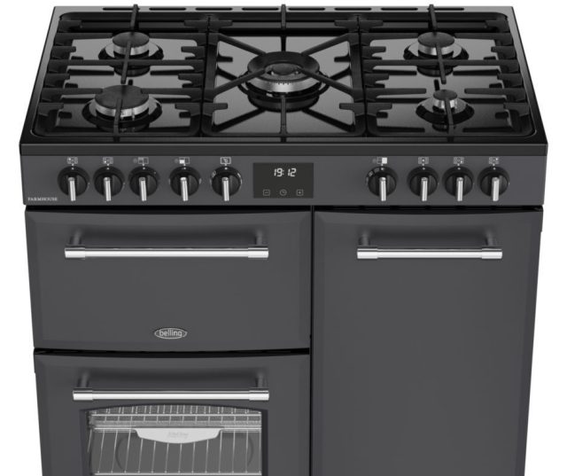 Belling FARMHOUSE 90DF ANT gaskookplaat met 5 pitten inclusief krachtige wokbrander