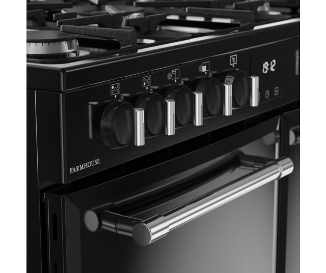 Digitale timer op Belling FARMHOUSE 90DF BLK fornuis met programmeerfunctie