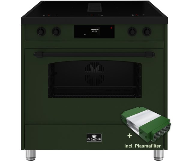90 cm breed ELEMENTI DI CUCINA fornuis IC9034-PG-MZ-B in pine green met zwart metalen handgreep