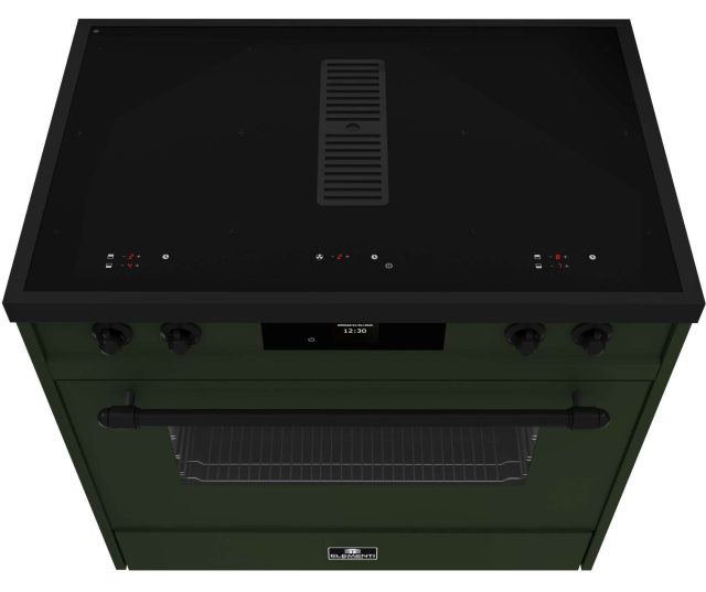 Glazen inductiekookvlak van Elementi di Cucina IC9034-PG-MZ-B met 2x2 bridge zones en restwarmte indicatie