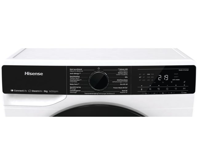 Hisense WF5V863BW wasmachine met WiFi, stoom, 8 kg en 1600 toeren