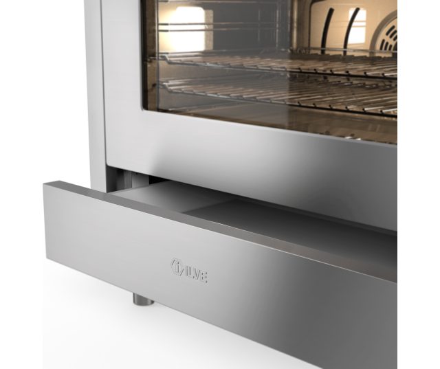 Soft-close opberglade onder de oven van ILVE L096WSCM3/SS RVS gasfornuis