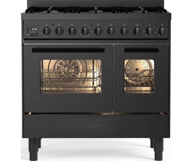  ILVE LD096WSCM3/MGD gasfornuis - mat zwart - vooraanzicht met zes gasbranders en dubbele oven