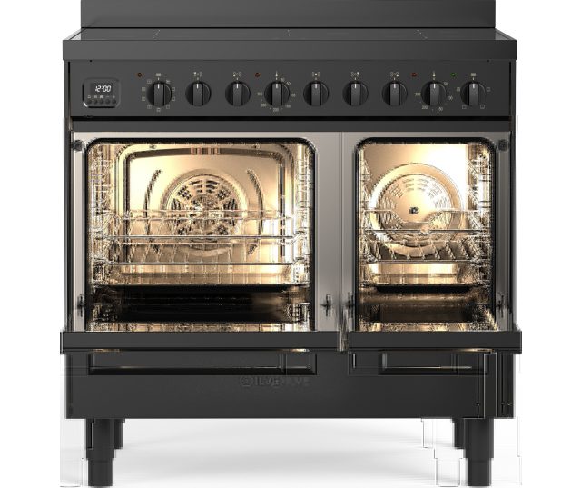 ILVE LDBI09WSCM3/MGD mat zwart inductie fornuis met 5 kookzones en dubbele oven