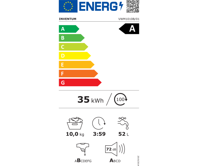 De Inventum VWM1010B heeft een energieklasse A label