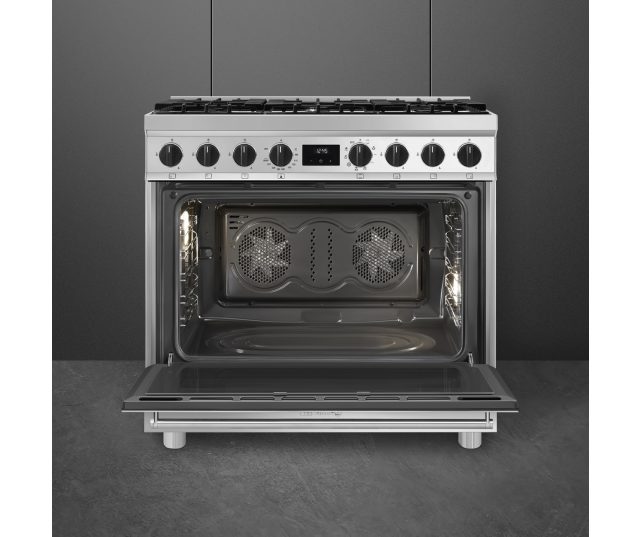Voorzijde SMEG B91GMXNLK2 met digitale timer en gasknoppen bedieningspaneel