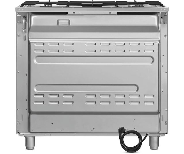 Achterkant SMEG CX91GMXNLK gasfornuis met aansluitingen voor gas en elektriciteit in rvs uitvoering
