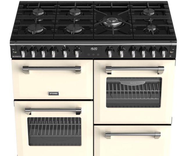 Detail van 7-pits gaskookgedeelte Stoves Richmond – inclusief gietijzeren pannendragers