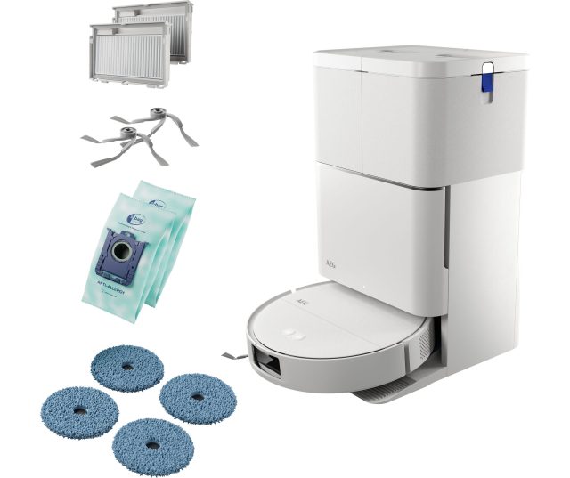 AEG AR82UW4SW robotstofzuiger met stofzuigstation, accessoires en reinigingspaden in uitpakkingsverpakking