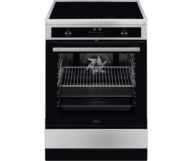 AEG CIB6490APM inductiefornuis vooraanzicht met geopende ovendeur, rooster en bakplaat zichtbaar