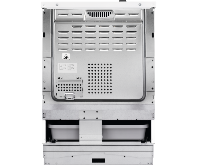 AEG CIB6490APM inductiefornuis achterpaneel close-up met technische specificatiesticker en aansluitblok