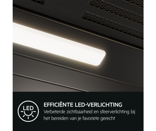 AEG DKB6971HB afzuigkap closeup brandende LED-verlichting aan onderkant met tekst efficiënte LED-verlichting