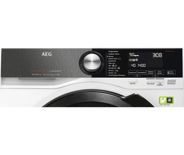 Foto van het blacksteel bedieningspaneel van de Aeg L9FEN96BC wasmachine