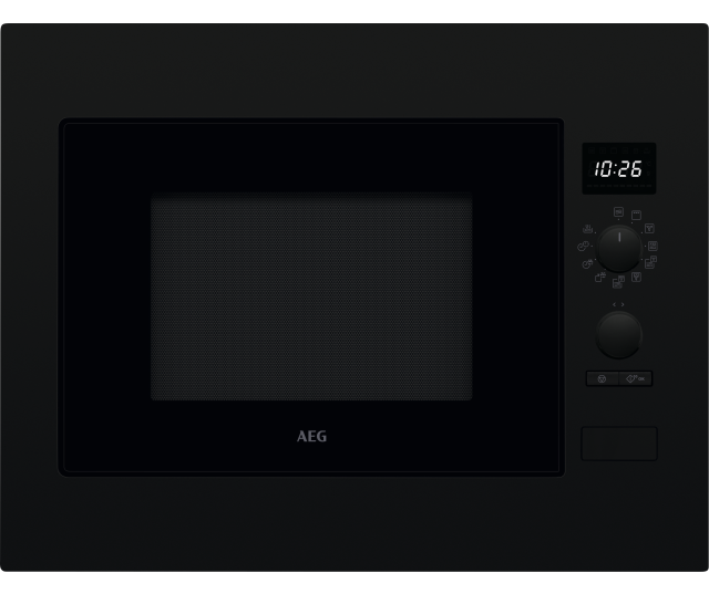AEG OS5CM34MB inbouw magnetron combi zwart bedieningspaneel met digitaal display dat 10:26 toont en twee draaiknoppen