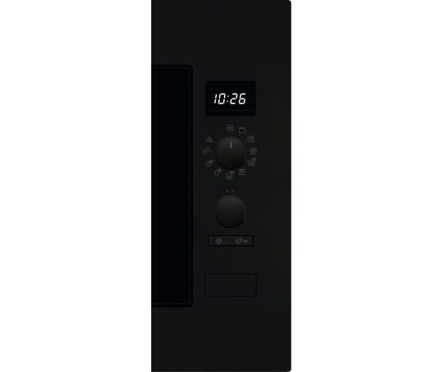 AEG OS5CM34MB inbouw magnetron combi zwart vooraanzicht bedieningspaneel met digitaal klokdisplay en functiekeuzeschakelaar