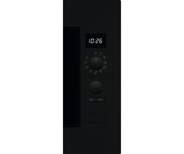 AEG OS5CM34MB inbouw magnetron combi zwart detailopname bedieningspaneel met programmaknop, tijdknop en openknop onderaan