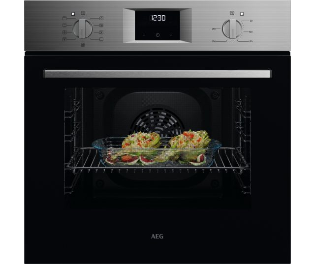 AEG OU5AB20CM inbouwoven bedieningspaneel close-up met functiekeuzeschakelaar, digitaal display en temperatuurknop