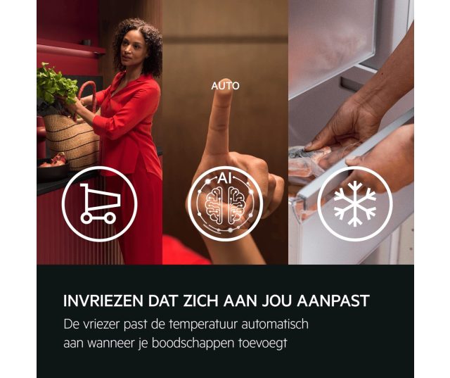 Infografische voorstelling van AEG TB7AA181EC functies automatische temperatuurregeling en vriesfunctionaliteit