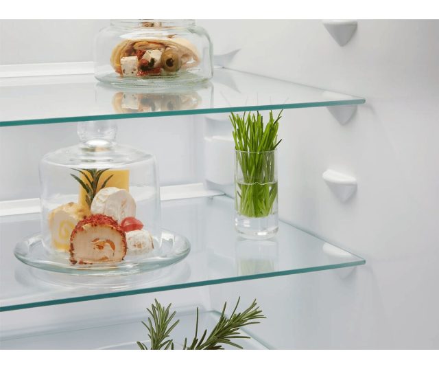 TC6LS181ES bovenGedeelte detail met glas plank, bewaarde voedsel en decoratieve items