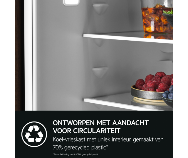 AEG TC7CS181DF koelkast binnenwand detail met gerecycled-plastic bekleding en vers fruit op glasplaat