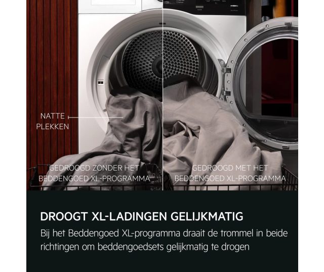 Vergelijking geopende deur twee kanten trommel Beddengoed XL-programma witte en grijze stof